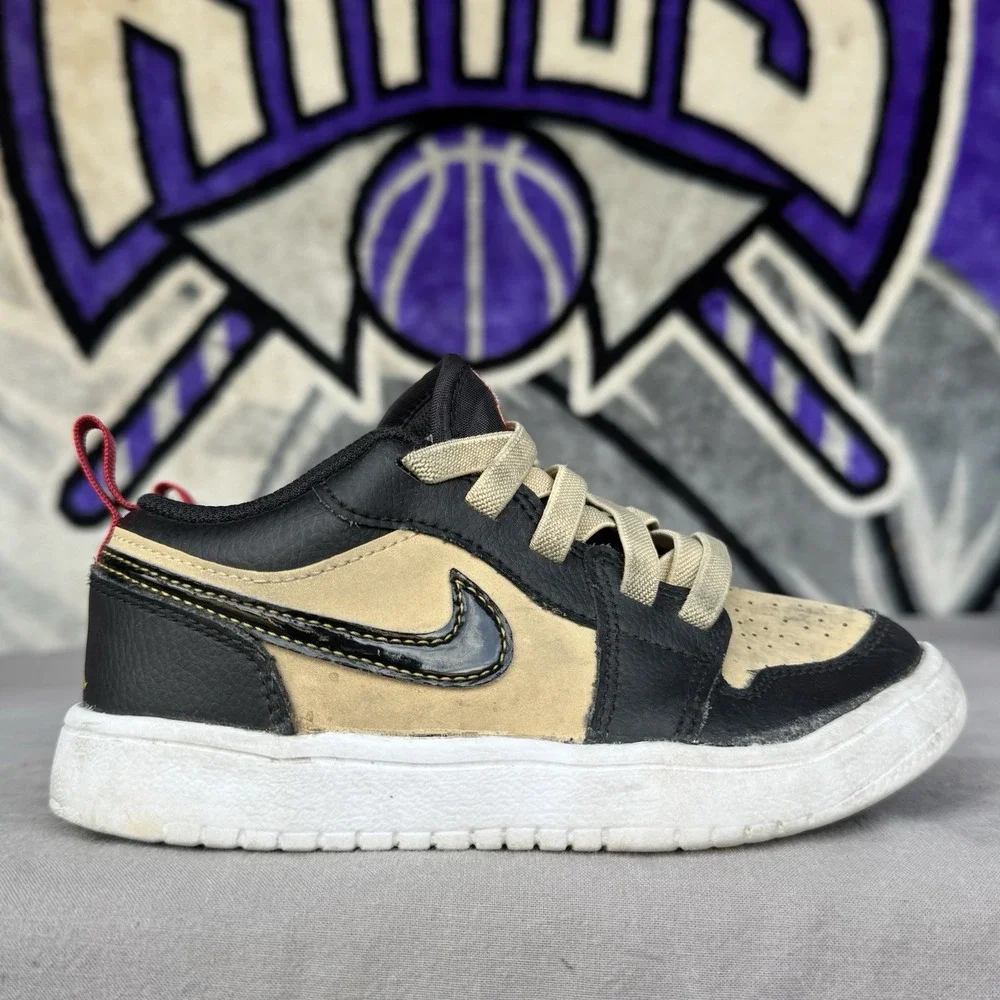 Size 12c - Jordan Air‎ Jordan 1 Low Kids Black/Tan Leather Sneakers HQ2015-200